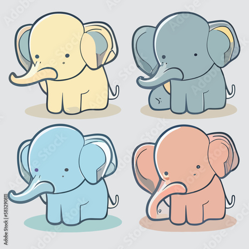 Funny elephant stickers in cartoon  doodle style. Vector Illustration