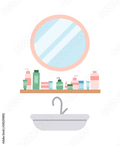 Bathroom sink concept. Creams and sprays, lotions and bottles of cosmetics under mirror and over faucet. Cleanliness and hygiene, comfort and coziness. Cartoon flat vector illustration