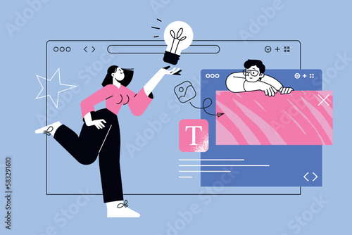 Vector illustration of web design and development, creative idea, social media.  Creative concept for web banner, social media banner, business presentation, marketing material.