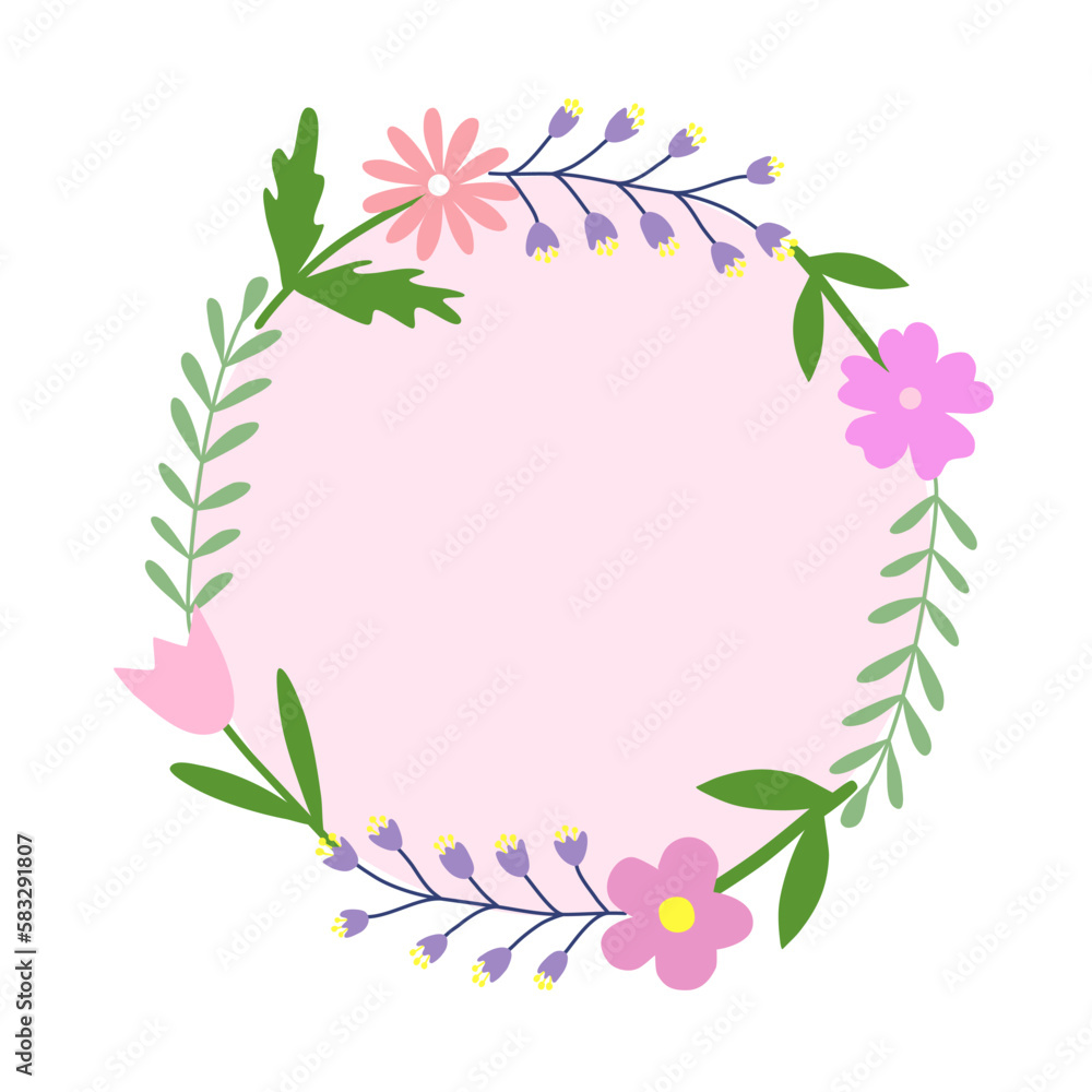 Circle frame with flowers, vector greetings design on pink background, doodle style vector