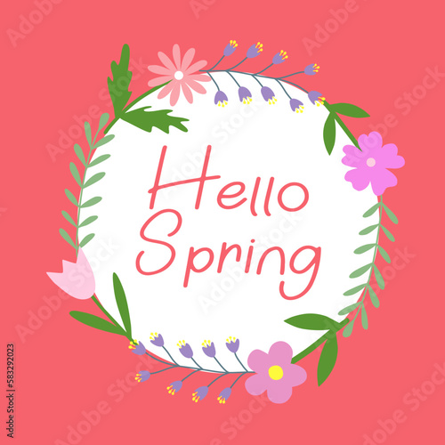Hello spring vector greetings design with flower elements on pink background, doodle style vector