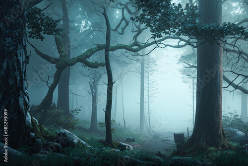 misty morning in the forest- made with generative ai