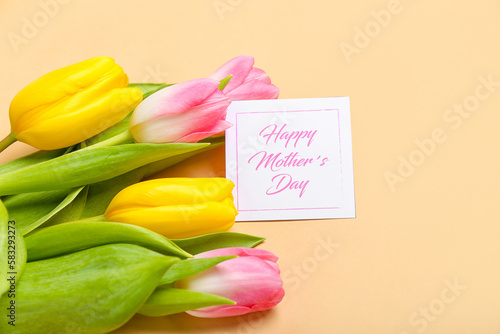 Card with text HAPPY MOTHER'S DAY and beautiful tulip flowers on color background, closeup