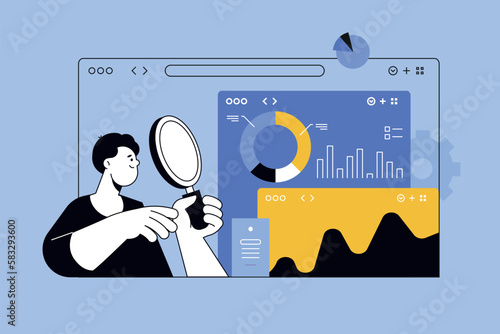 Vector illustration of data analysis, web optimization. Creative concept for web banner, social media banner, business presentation, marketing material.