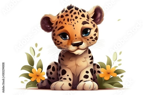 Cartoon cute lovely Baby Jaguar floral