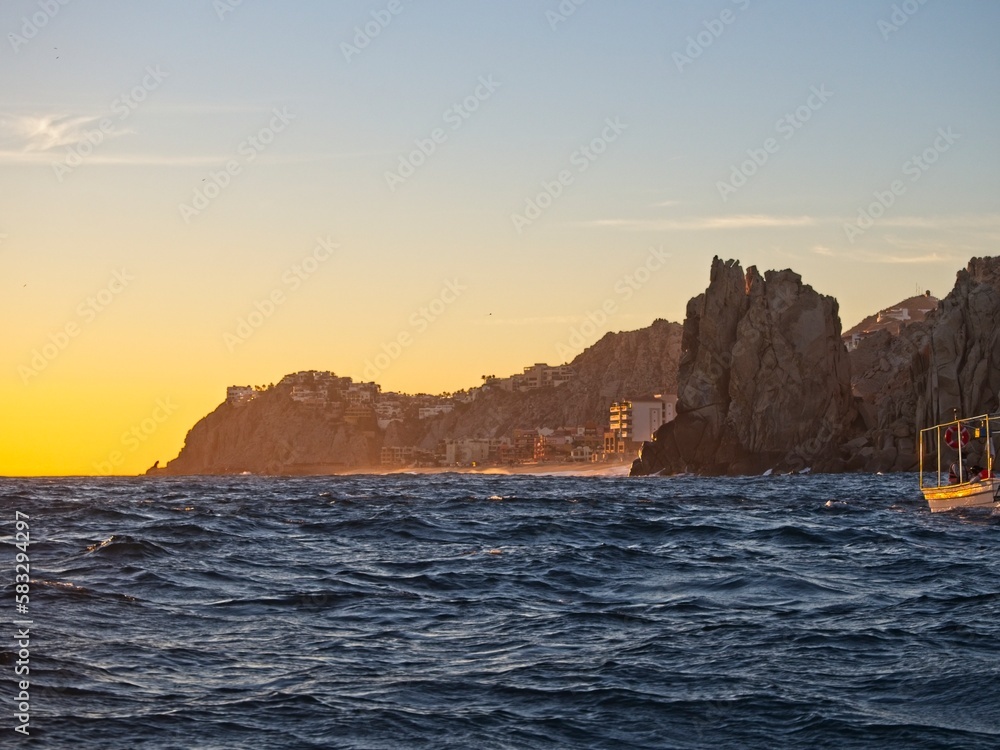 Violent waves crash on  the rocks and beaches lining the southern tip of the Baja California peninsula at Cabo San Lucas, where the Gulf of California (Sea of Cortez) meets the Pacific Ocean