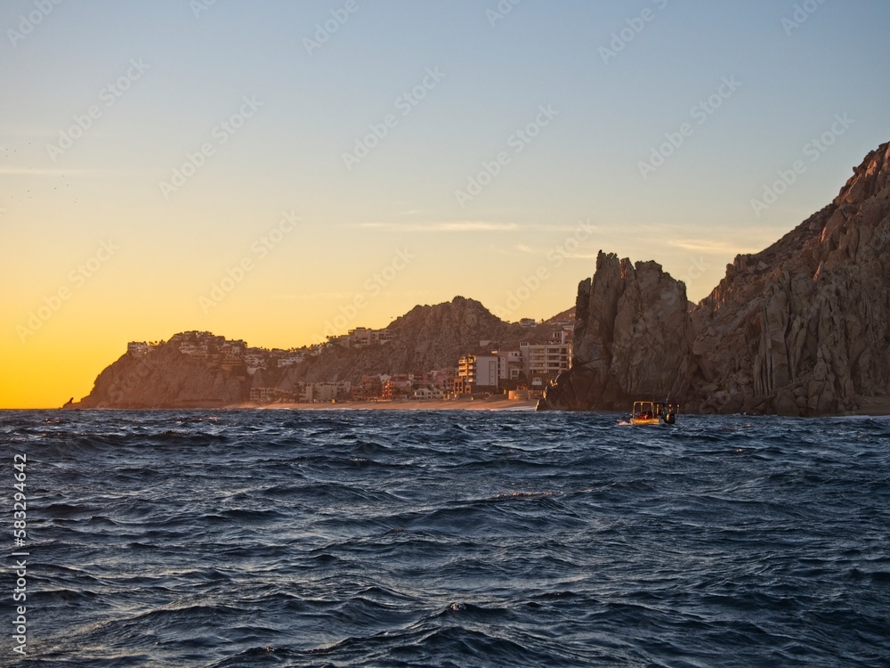 Violent waves crash on  the rocks and beaches lining the southern tip of the Baja California peninsula at Cabo San Lucas, where the Gulf of California (Sea of Cortez) meets the Pacific Ocean