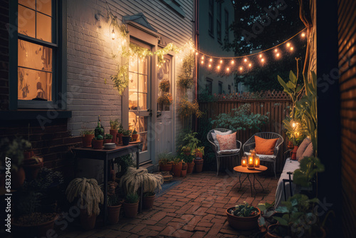 A patio with string lights and outdoor furniture - Generative AI
