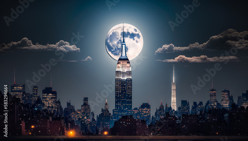 a full moon rising over the Empire State Building in New York City, with the iconic skyscraper standing tall in the background, illustration - Generative AI