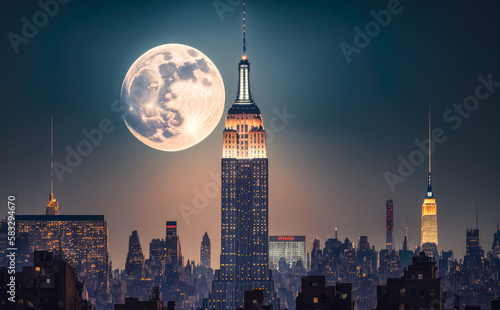 фотография a full moon rising over the Empire State Building in New York City, with the ico