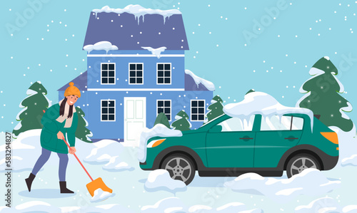 Clear car of snow concept. Woman with shovel under snowfall near green vehicle. Symbol of winter season, holidays and festivals. Poster or banner for website. Cartoon flat vector illustration