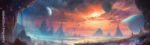 A wide header sized fantasy landscape with bright colors. Generative AI. 