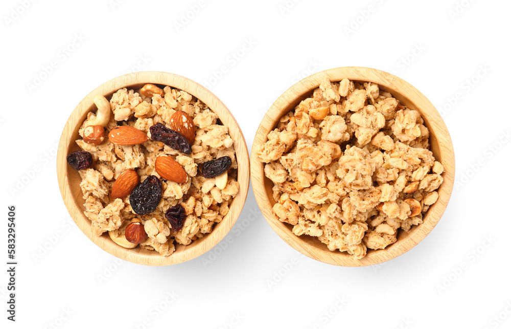 Bowls of tasty granola on white background Bowls of tasty granola on white background