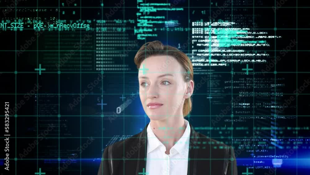 Animation of data processing over caucasian businesswoman on black background