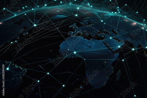 Dotted lines connected to the abstract graphics, network connections. Generative Al