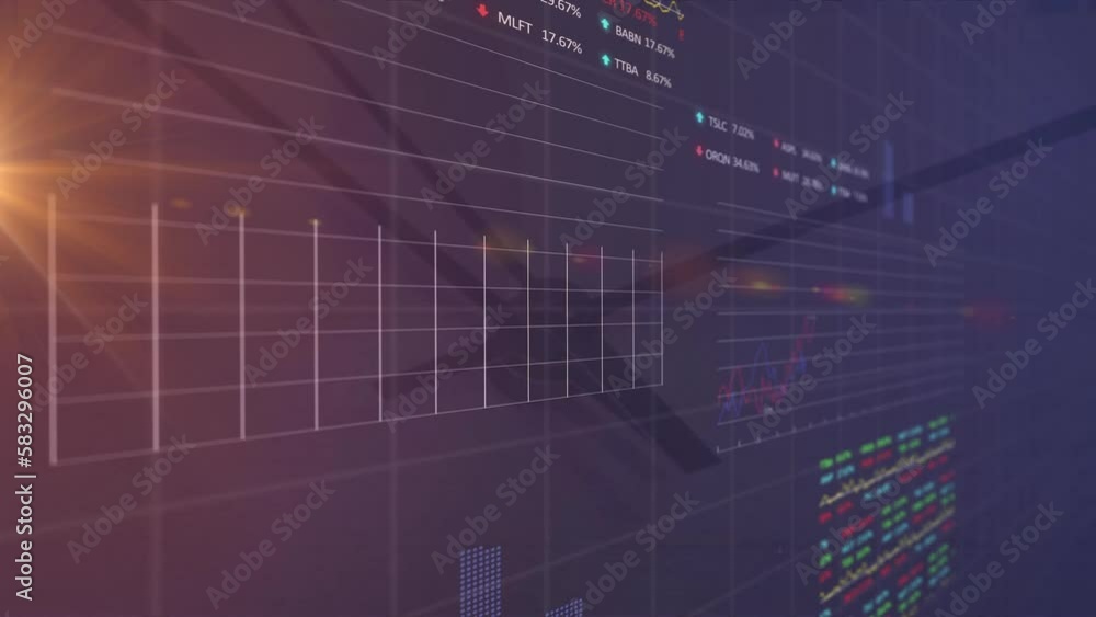 Animation of data processing and stock market over clock and light ...