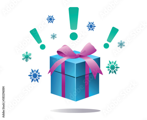 Gift with exclamation points. Marketing and advertising on Internet. Special limited offer. Discounts and promotions. Surprise and present for holiday and festival. Cartoon flat vector illustration