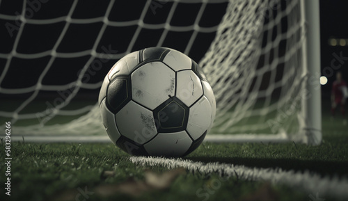 soccer ball on green grass near goal, in the lights of spotlight 