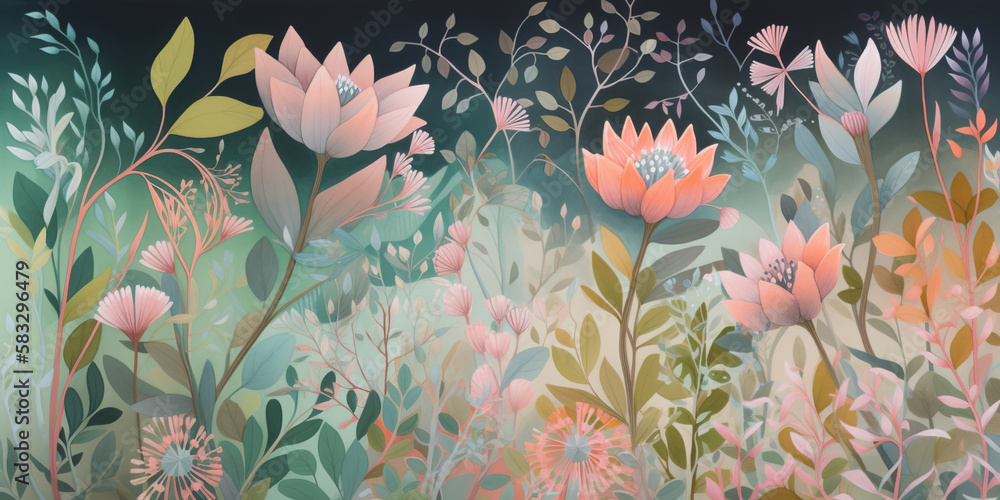 Fototapeta premium Flower background pattern, pastel painting, generative AI