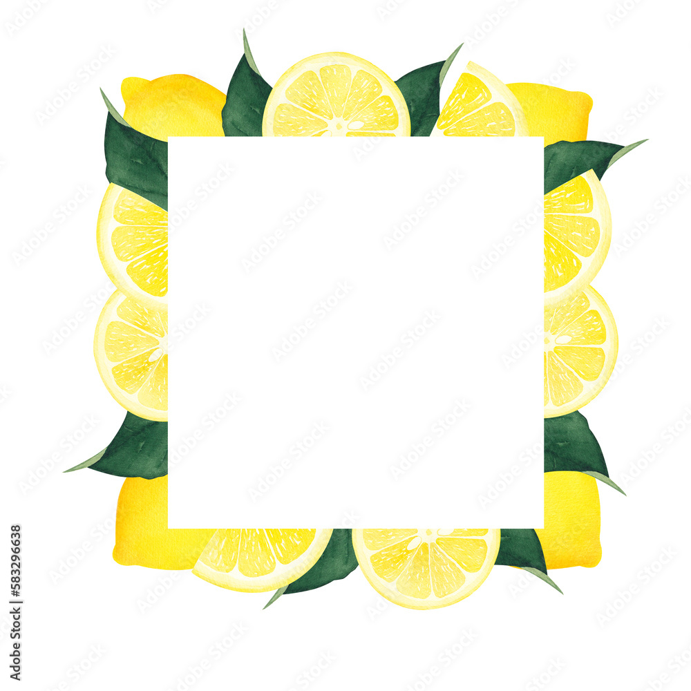 watercolor lemon square frame with leaf. isolated on white background ...