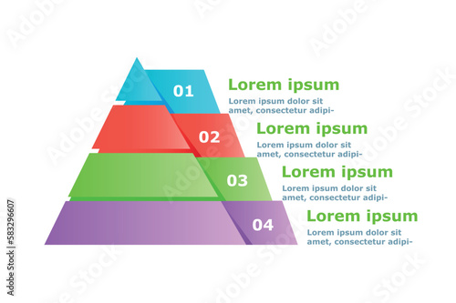 Info scheme concept. Pyramid of four multicolored lines, structure and scheme. Evaluation of information and workbot with statistics, comparison and analytics. Cartoon flat vector illustration