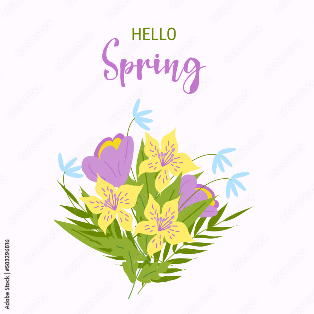 A beautiful bouquet of colorful spring flowers. Design of a postcard, banner, poster, invitation. Vector illustration.