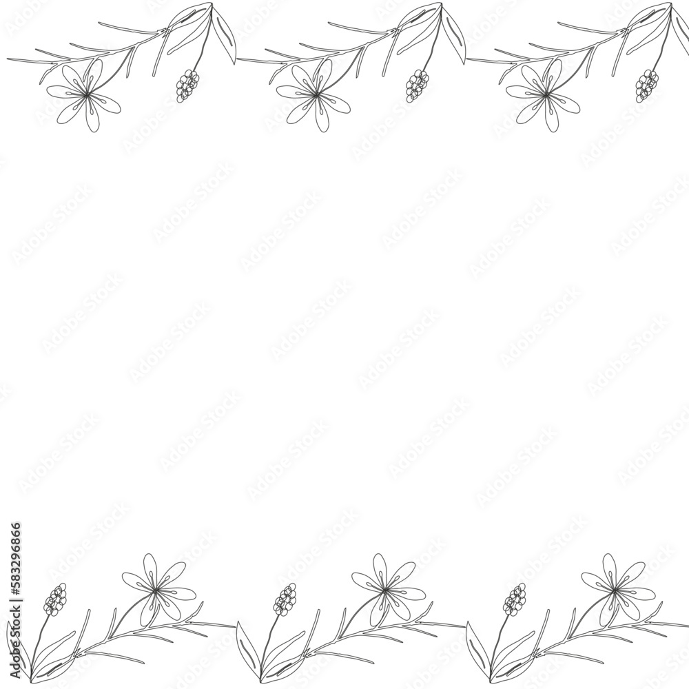 Template frame of spring flowers line art on a white background. Floral design for wedding invitation, banner, poster.