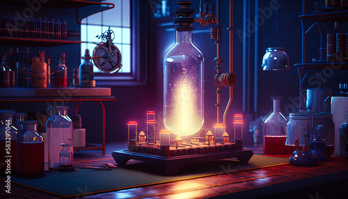 A fantastic chemistry laboratory preparing curious potions, poisons, viruses, and vaccines - generative ai