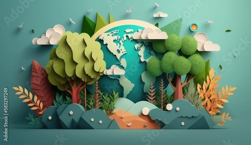 world environment day paper style background, save clean planet, ecology concept. Card for World Earth Day