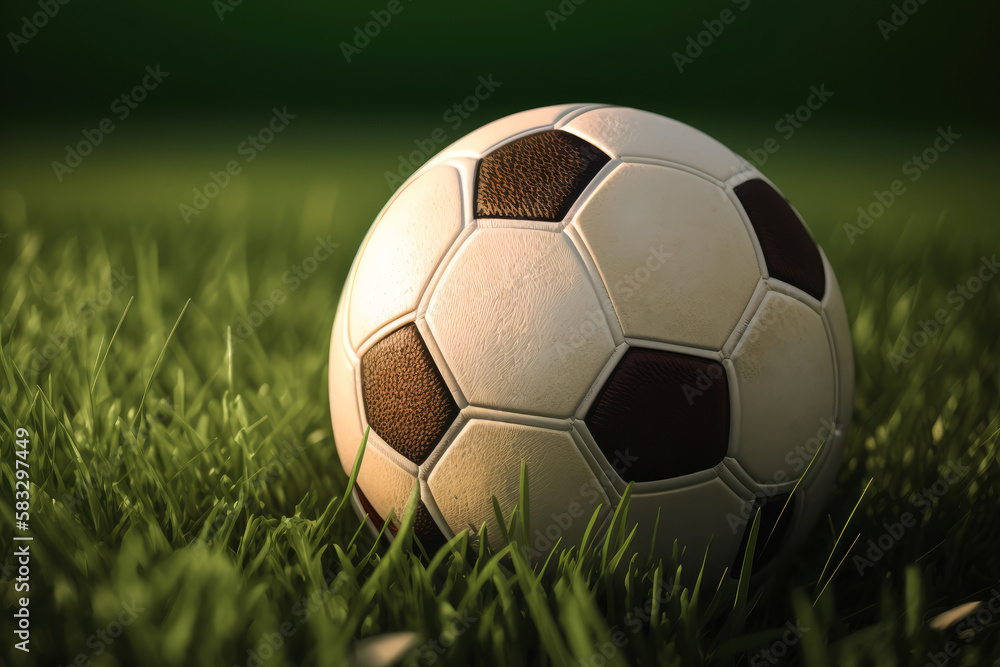 soccer ball on the stadium green lawn Generative AI