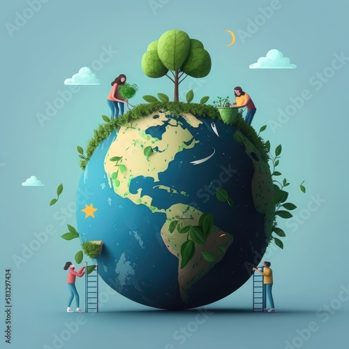 Planet earth and save the planet concept with people taking care of the earth photo