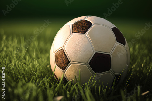 soccer ball on the stadium green lawn Generative AI