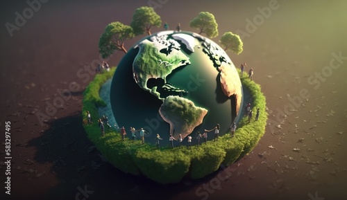 Planet earth and save the planet concept with people taking care of the earth