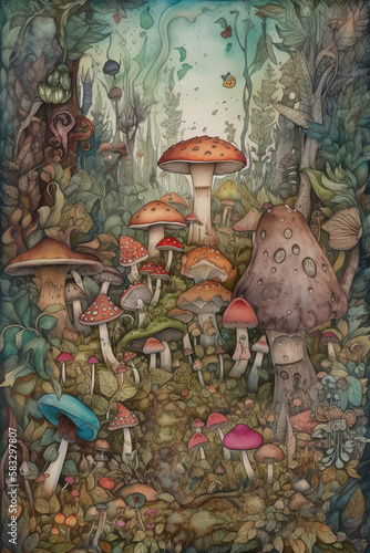 A bunch of colorful whimsical mushrooms in the forest watercolor, Generative AI