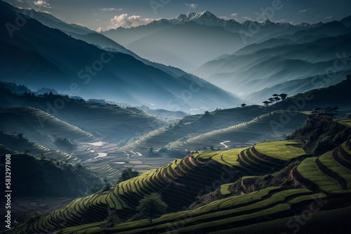 green rice fields in the mountains Generative AI