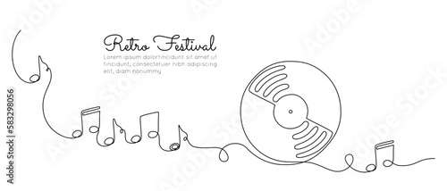 One continuous line drawing of Vinyl LP record with notes. Vintage black disk and Retro sound album in simple linear style. Editable stroke. Doodle vector illustration