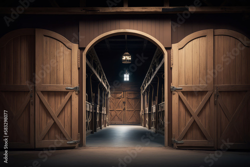 horse stable,stall for horses in wooden house Generative AI photo