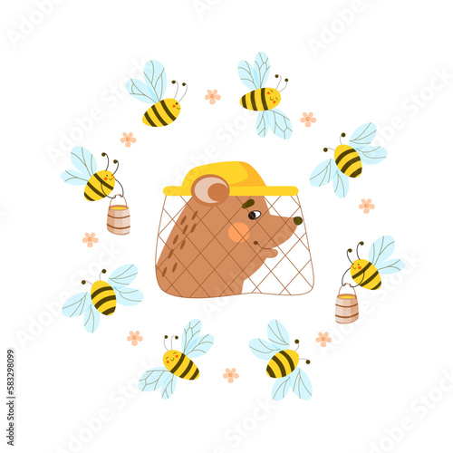 Flowers and swarm of funny bees carrying honey in barrels, flying around head of cute bear wearing a beekeeper's hat with net. Minimalist children's flat vector illustration on white background. 