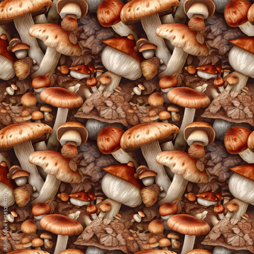 Digital illustration of seamless pattern background design of various mushrooms. Repeatable background design.