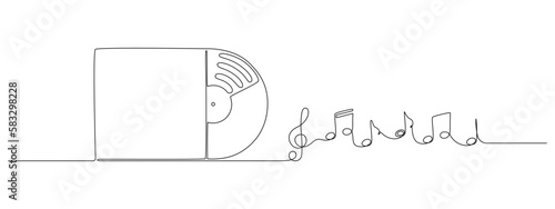 One continuous line drawing of Vinyl LP record. Vintage black disk and Retro sound album in simple linear style. Editable stroke. Doodle contour vector illustration