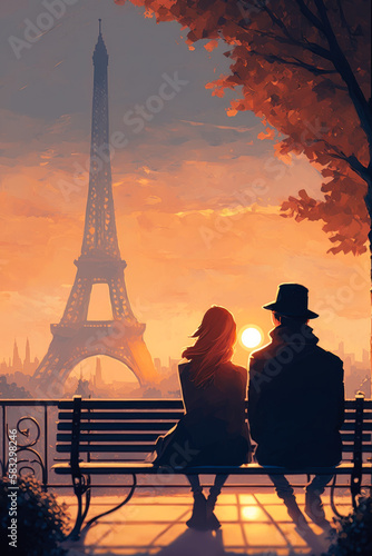 A couple sitting on a bench overlooking the Eiffel Tower in Paris, France, as the sun sets behind them, illustration - Generative AI © Florian