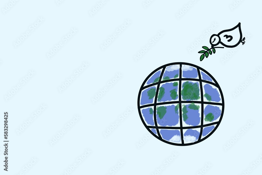 White dove bringing olive peace branch to earth globe hand drawn illustration White dove bringing olive peace branch to earth globe hand drawn illustration