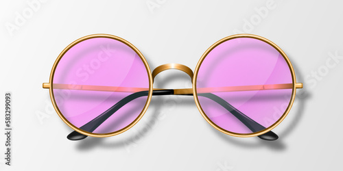 Vector 3d Realistic Modern Unisex Frame Glasses. Golden Color Frame. Pink Transparent Sunglasses for Women and Men, Accessory. Optics, Lens, Vintage, Trendy Glasses. Front View