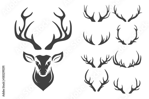 Vector Reindeer Horns, Antlers. Deer Horn Silhouettes. Hand Drawn Deers Horn, Antler Set. Animal Antler Collection. Design Elements of Deer. Wildlife Hunters, Hipster, Christmas and New Year concept