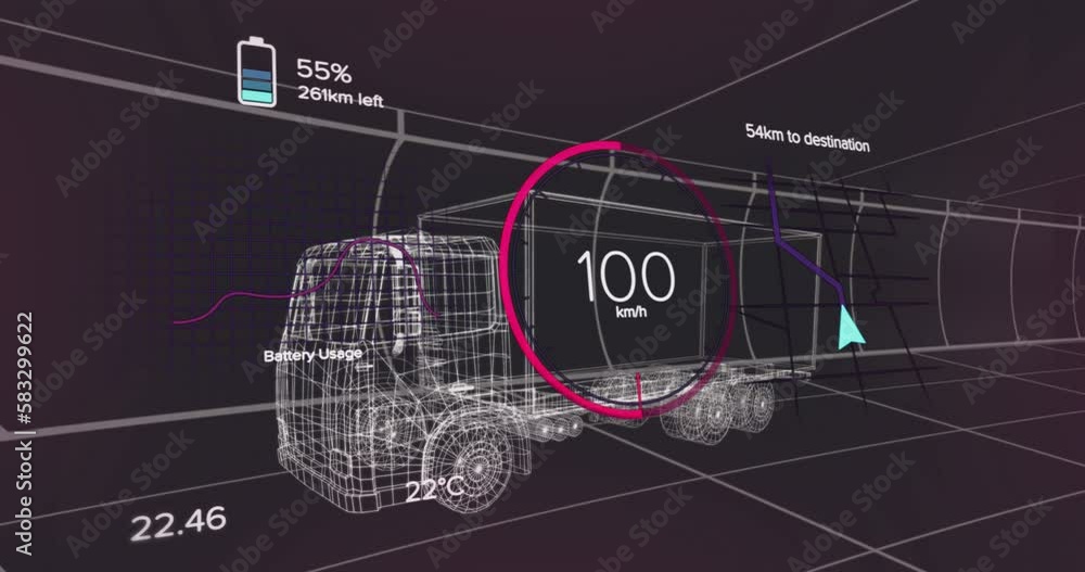 Animation of car panel over digital truck on black background Animation of car panel over digital truck on black background
