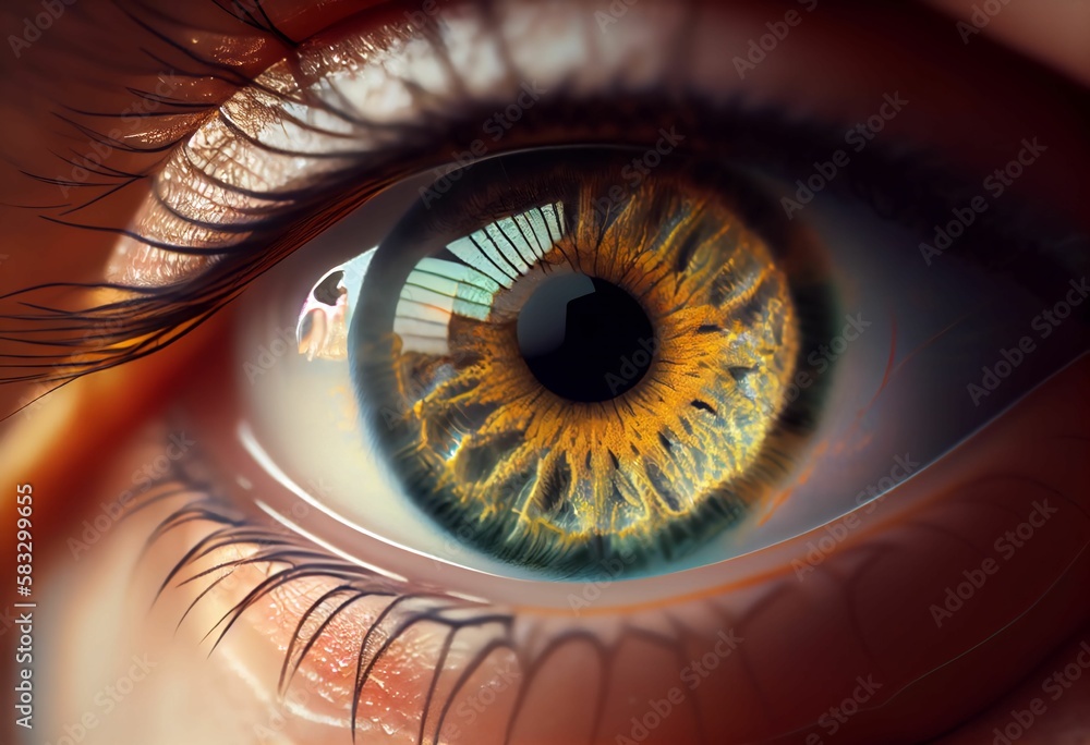 Close-up photo of human eye captures the intricate details, human face. Sharp focus and high level of detail eye's structure.