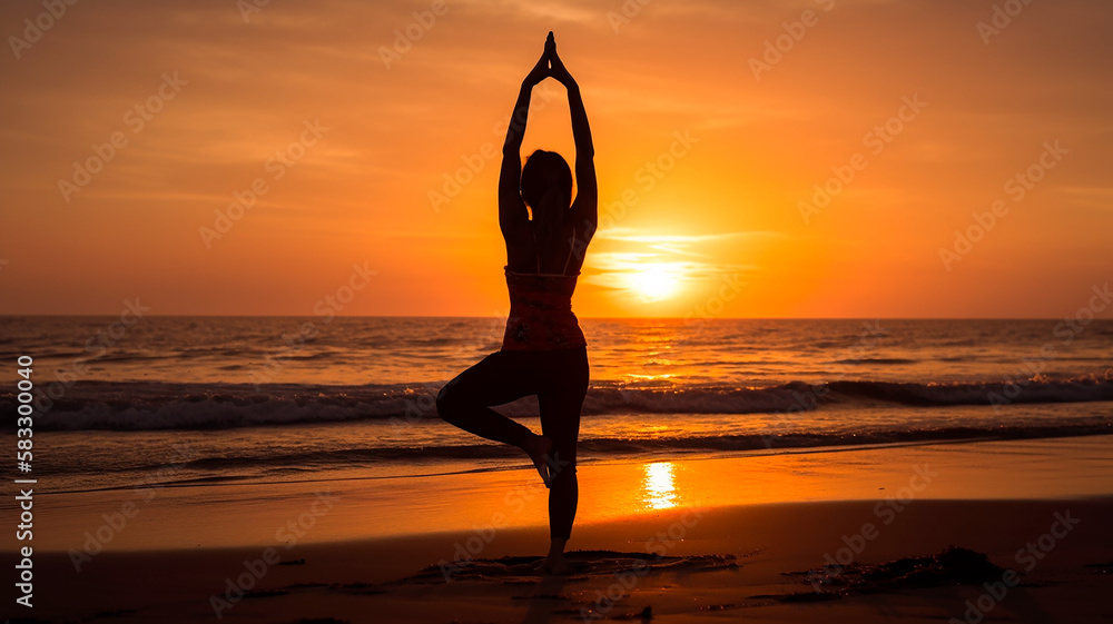 Silhouette of a woman on the beach doing yoga during sunset. Generative AI