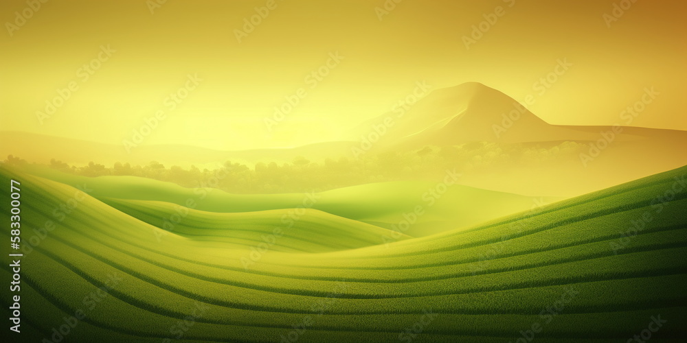 Obraz premium Green background illustration with mountains and fields