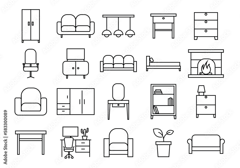 Living room furniture icons set. Collection of interior elements for apartment or house. Wardrobe, chair, armchair, plant and sofa. Cartoon flat vector illustrations isolated on white background Living room furniture icons set. Collection of interior elements for apartment or house. Wardrobe, chair, armchair, plant and sofa. Cartoon flat vector illustrations isolated on white background