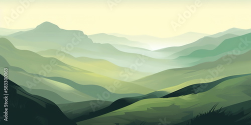 Green background illustration with mountains and fields